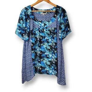 NY Collection Multi-Pattern Shark Bite Hem Short Sleeve Blouse Blue Size Large